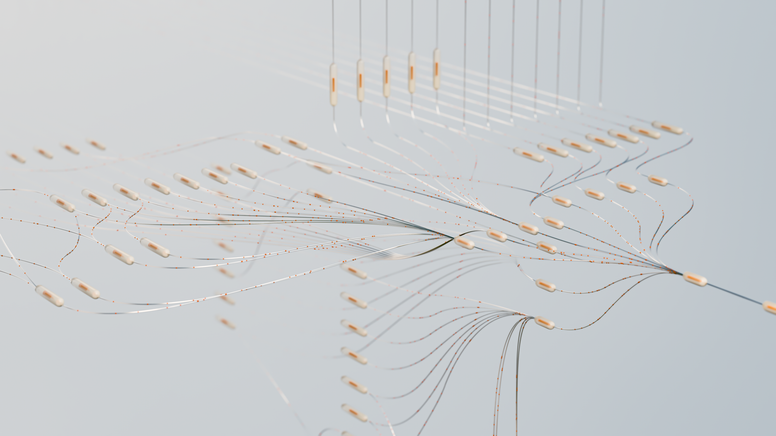 Visualisation abstraite d'un réseau de neurones aux accents orangés.